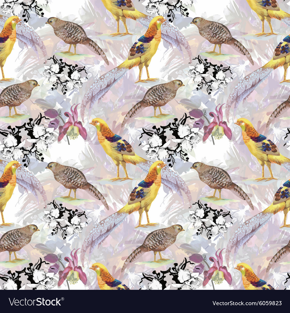 Watercolor Wild Pheasant Floral Pattern