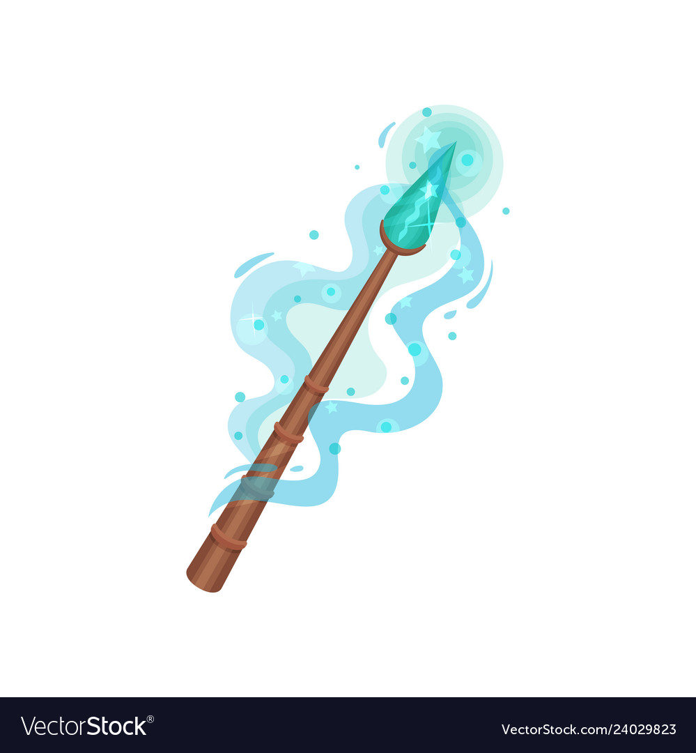 Wooden magic wand with blue gemstone and dust