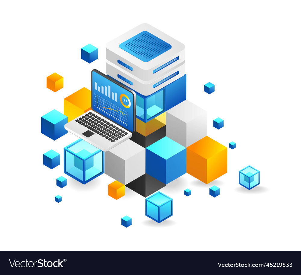 Flat isometric 3d blockchain server anlis concept