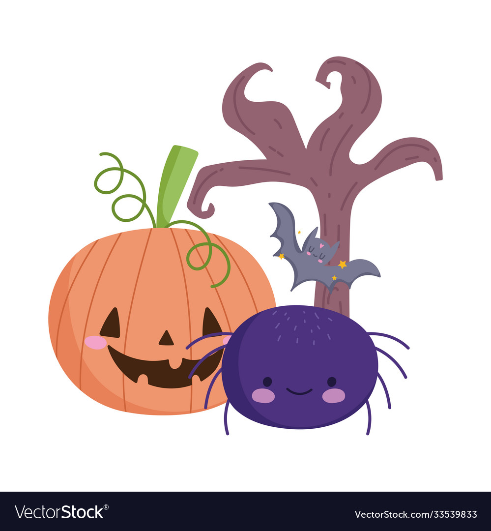 Happy halloween funny pumpkin spider bat and dry