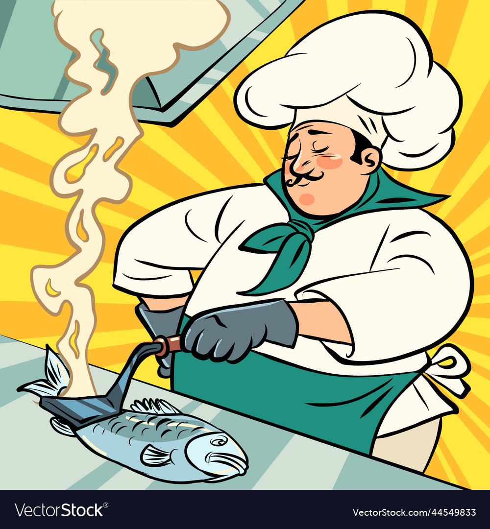 Male cook prepares fish sea restaurant product vector image Male cook prepares fish sea restaurant product