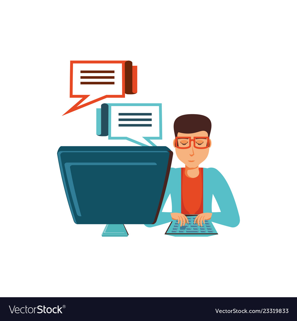 Man with desktop computer and speech bubbles vector image Man with desktop computer and speech bubbles