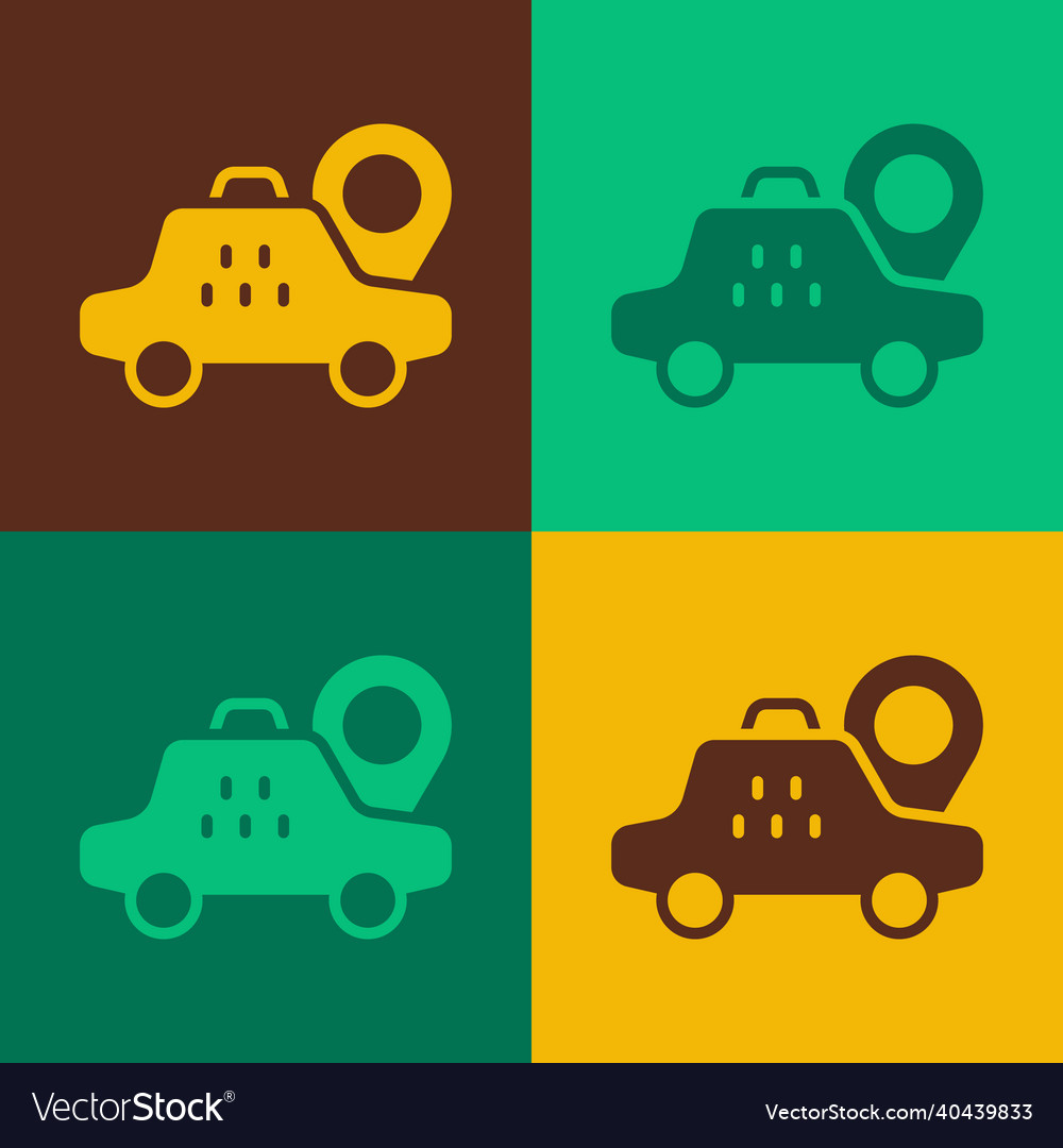 Pop art map pointer with taxi car icon isolated