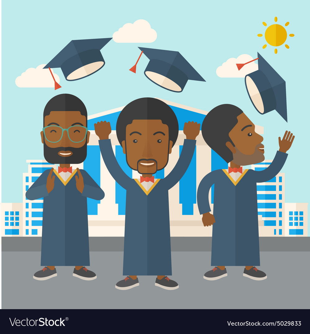 Three men throwing graduation cap