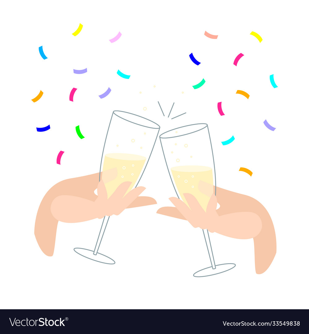 Clink glasses with champagne and confetti festive