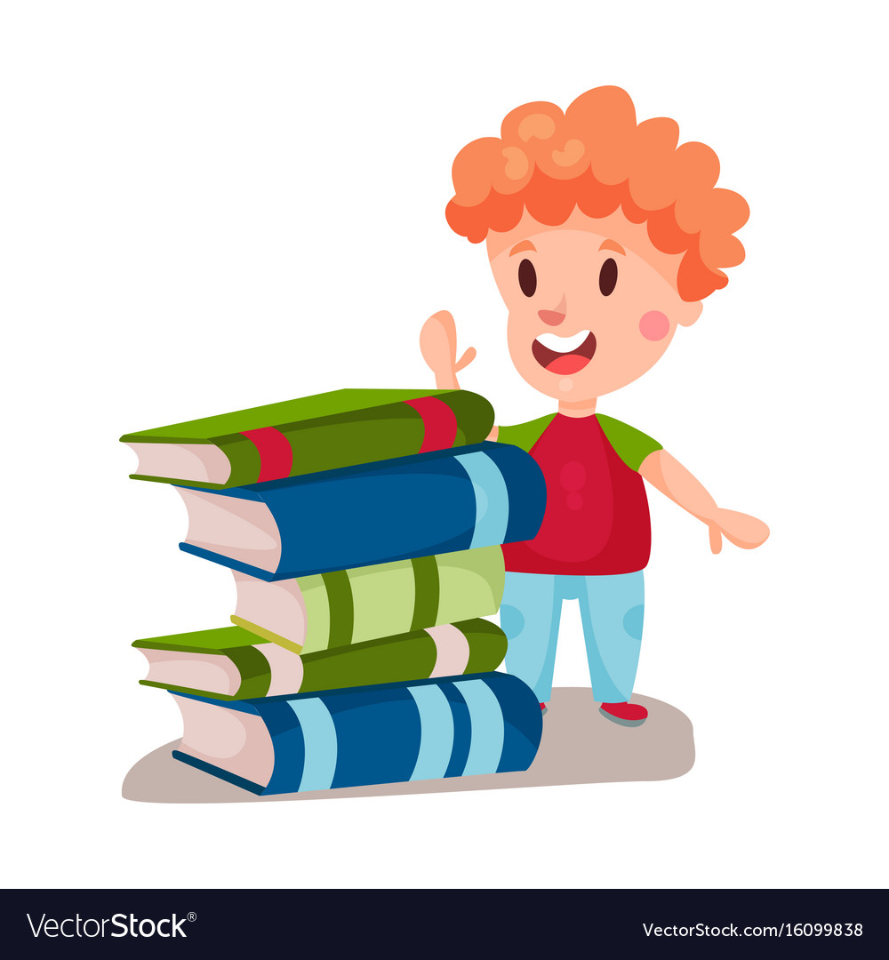 Cute redhead boy standing next to a pile of books Vector Image