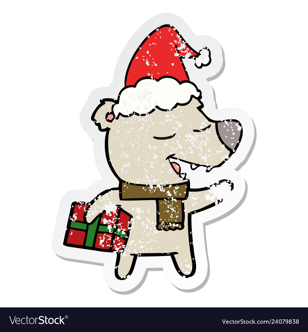 Distressed sticker cartoon of a bear with present