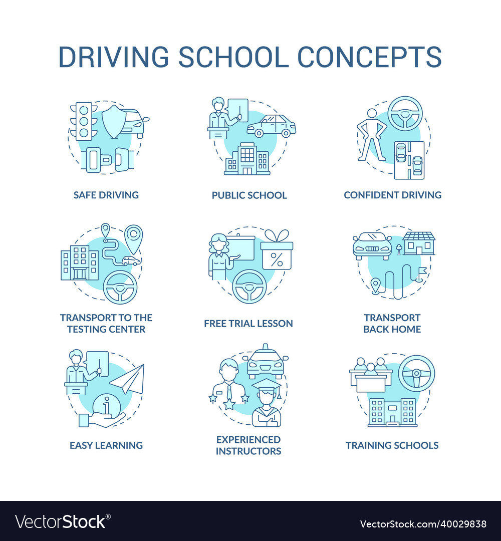 Driving school blue concept icons set