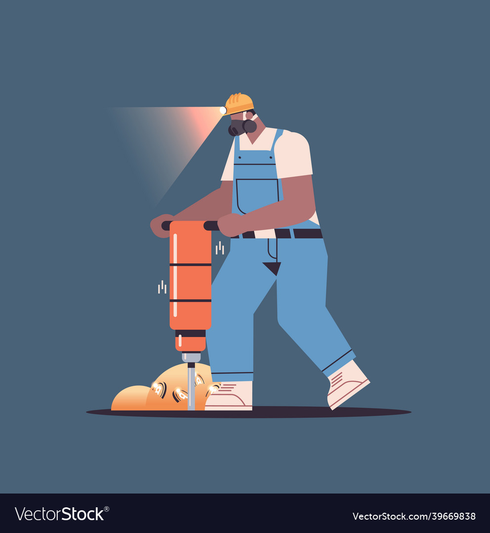 Man miner digging and extracting bitcoins in mine