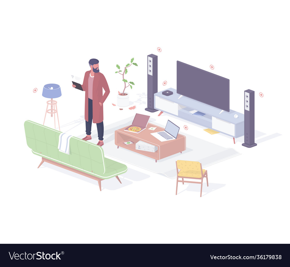 Man resting after work in smart home realistic vector image Man resting after work in smart home realistic