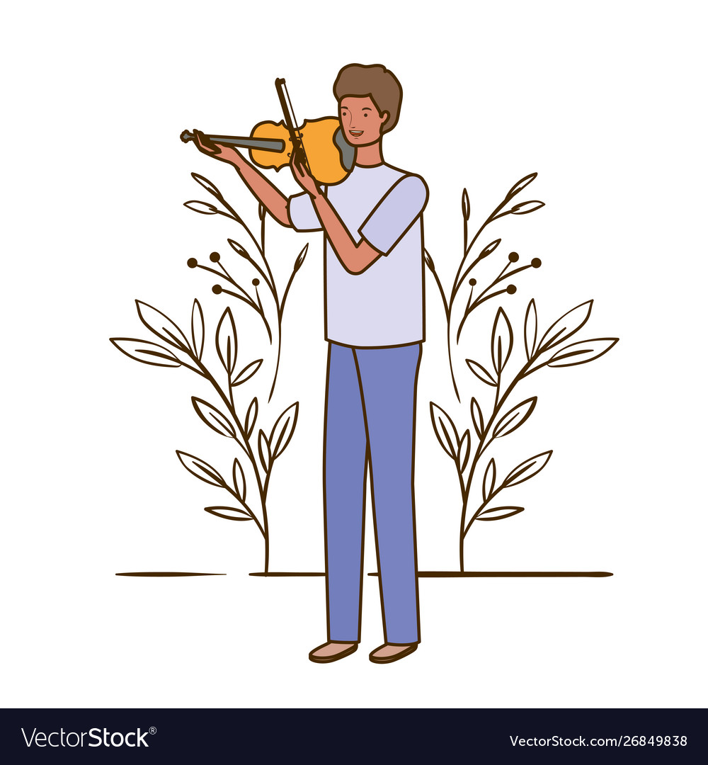 Man with fiddle and branches leaves