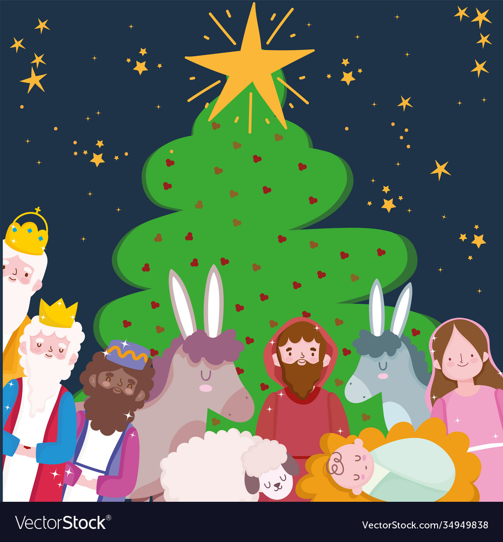 Nativity manger scene characters with tree