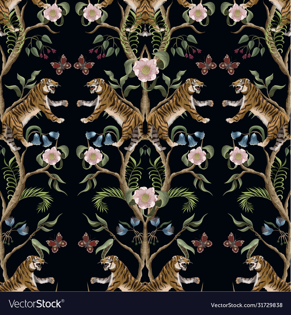 Seamless pattern with peony bushes and tigers vector image Seamless pattern with peony bushes and tigers