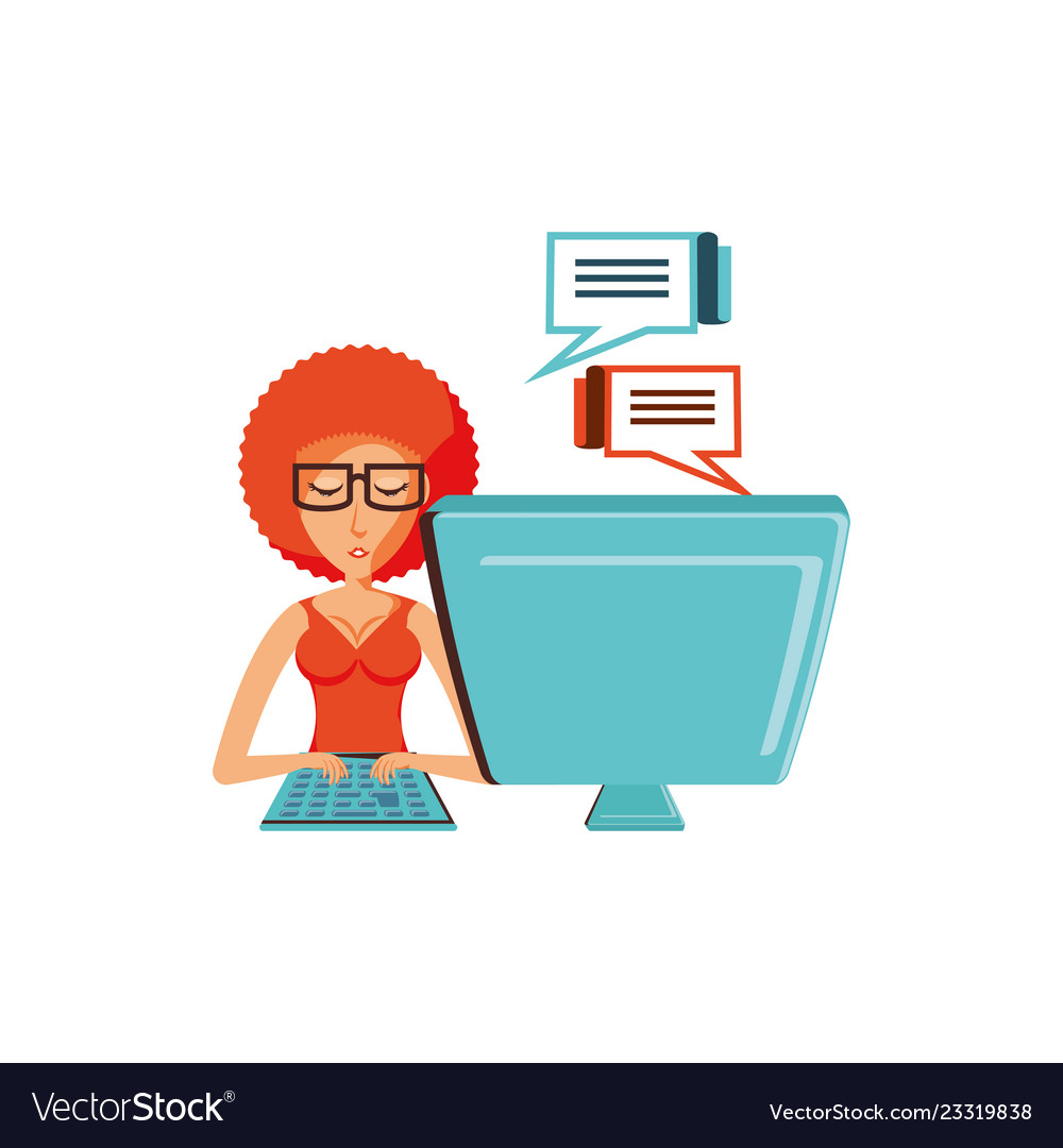 Woman with desktop computer and speech bubble