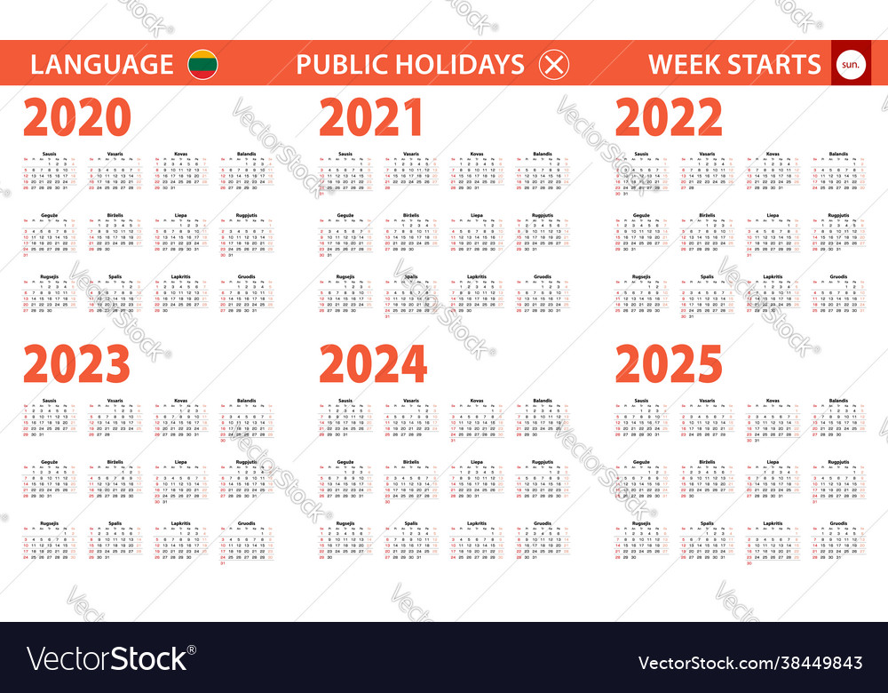 20202025 year calendar in lithuanian language Vector Image