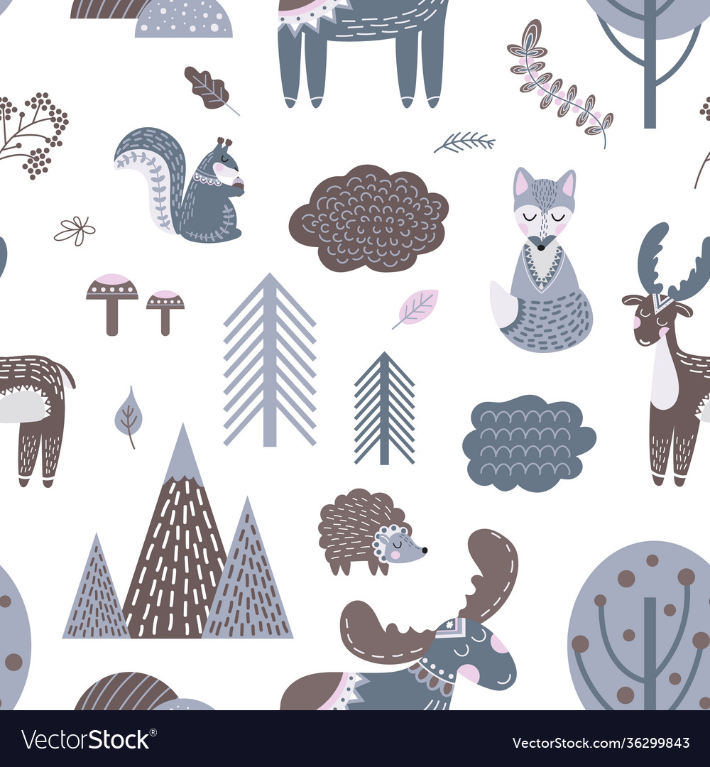 Cute scandinavian pattern wood animals woodland Vector Image Cute scandinavian pattern wood animals woodland Vector Image