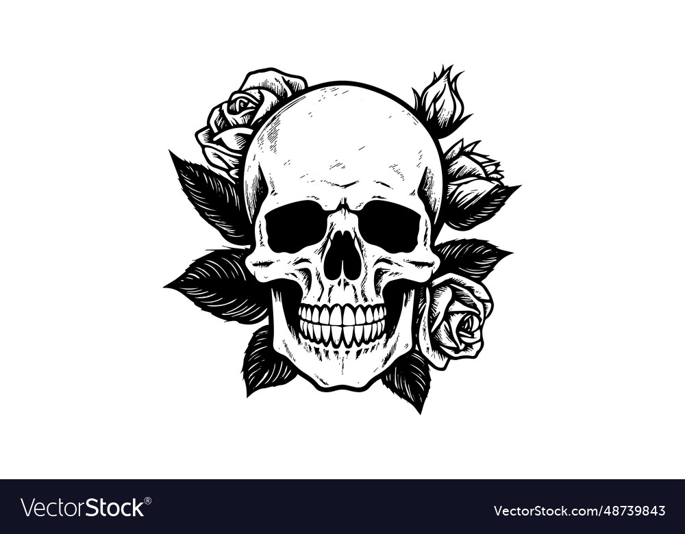 Human skull in a flower frame woodcut style Vector Image