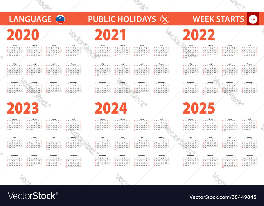 20202025 year calendar in slovenian language Vector Image