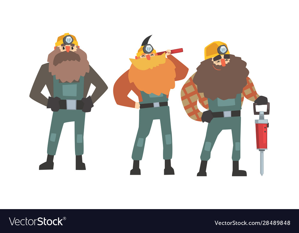 Broad-shouldered miner characters wearing mining vector image Broad-shouldered miner characters wearing mining