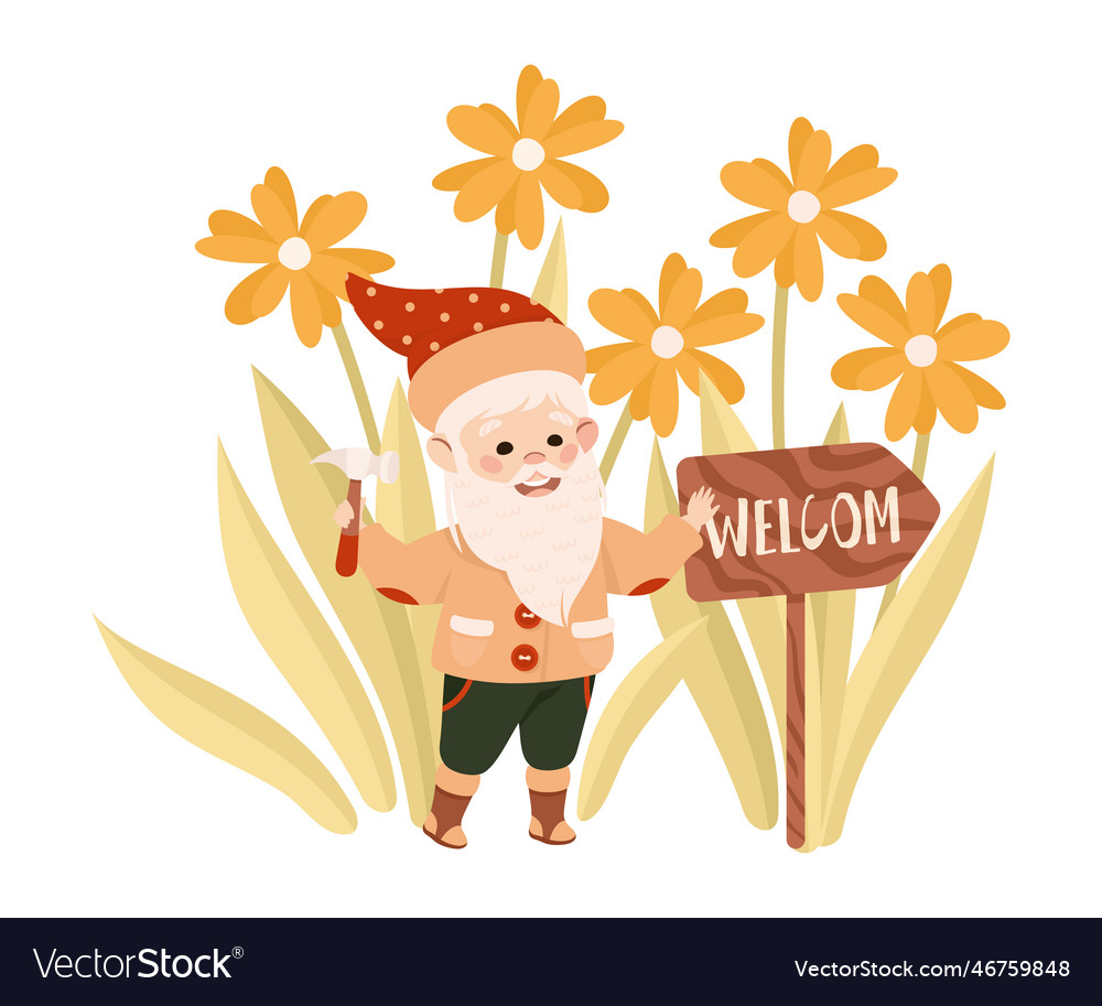 Cute garden gnome with welcome wooden signboard Vector Image