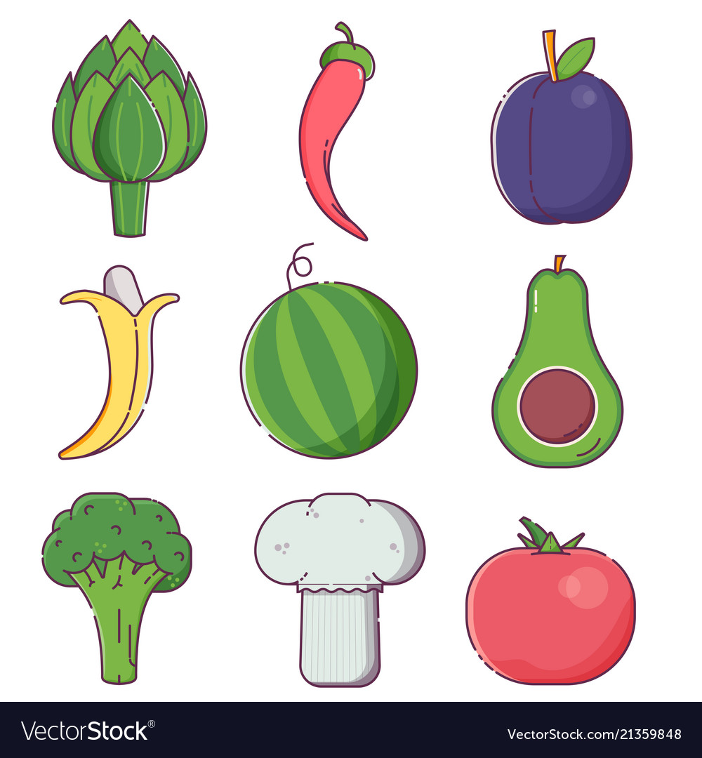 Raw fruit sand vegetables icons