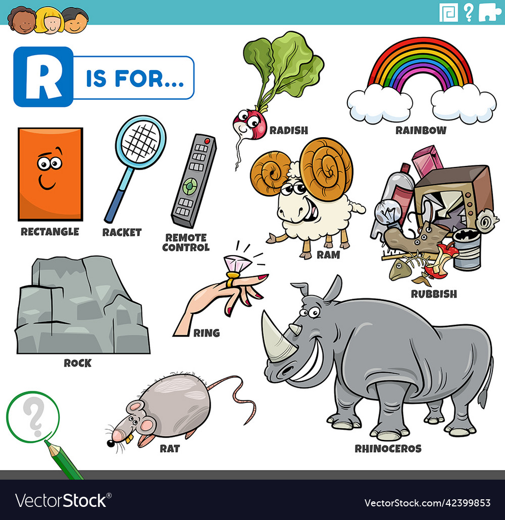 Letter r words educational set with cartoon Vector Image