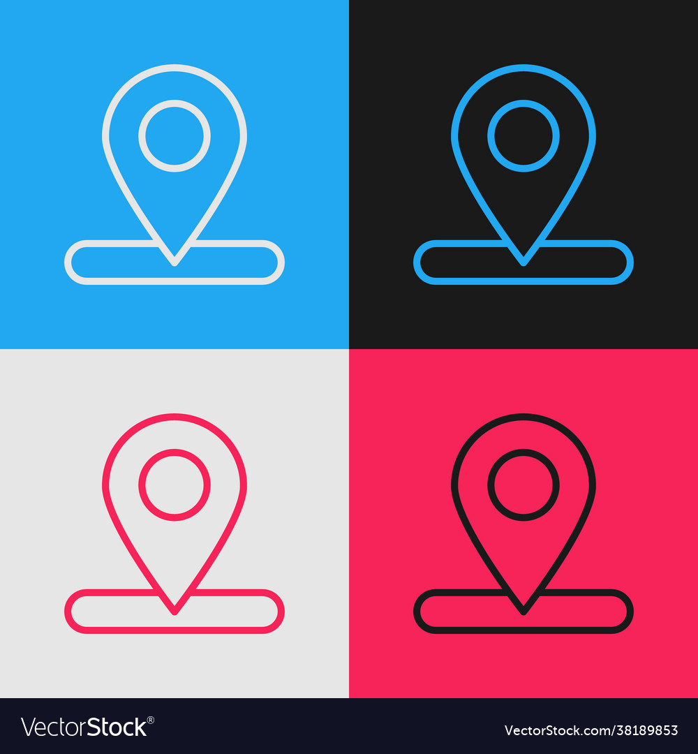 Pop art line map pin icon isolated on color