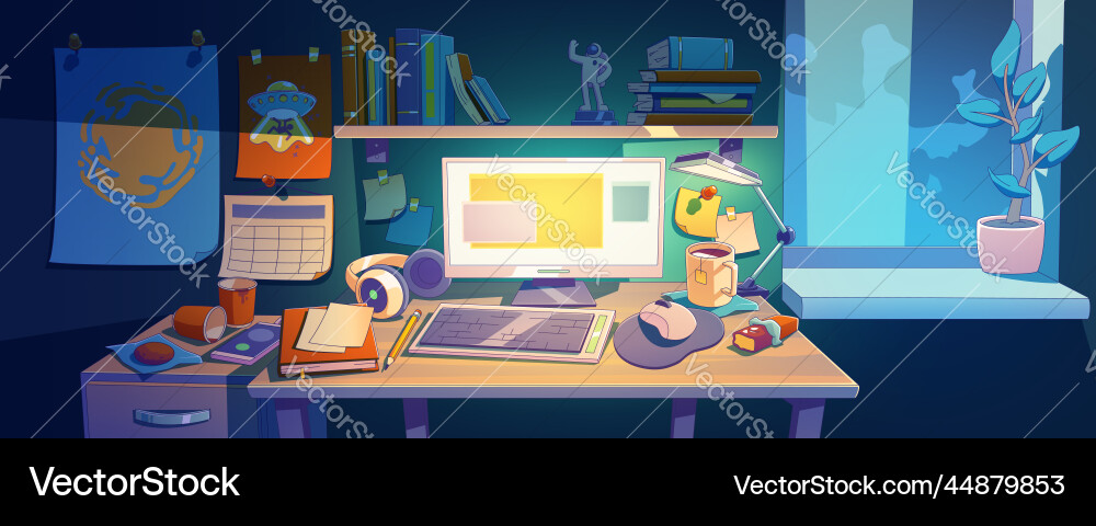 Workplace desk with computer at night home room Vector Image