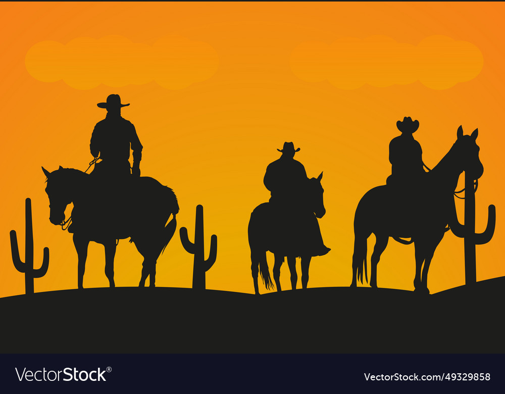 Silhouette of cowboys on horseback at sunset Vector Image