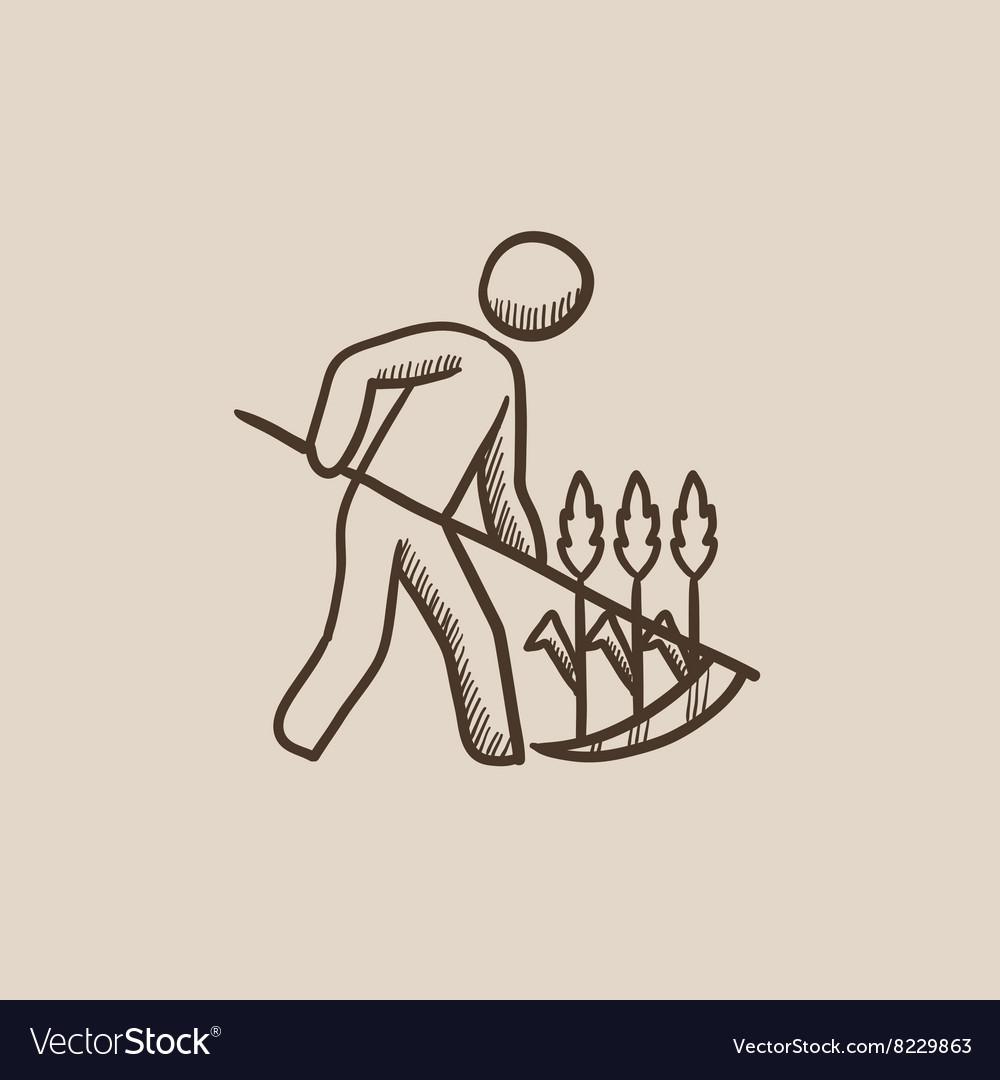 Man mowing grass with scythe sketch icon