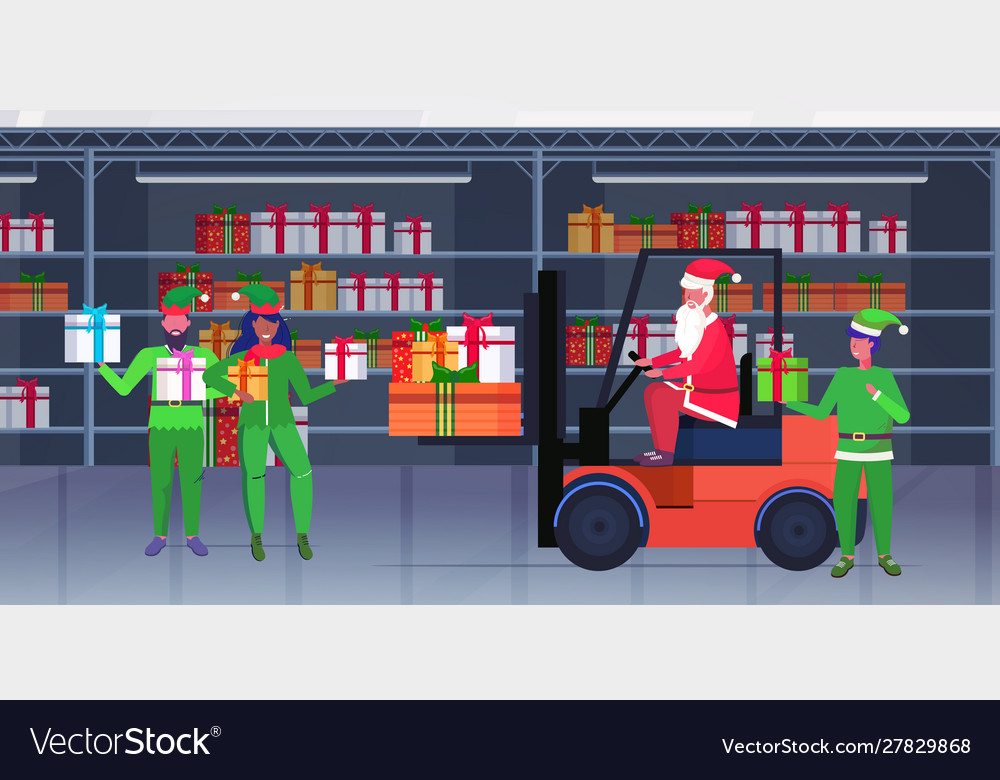 Santa claus driving forklift truck elves holding Vector Image