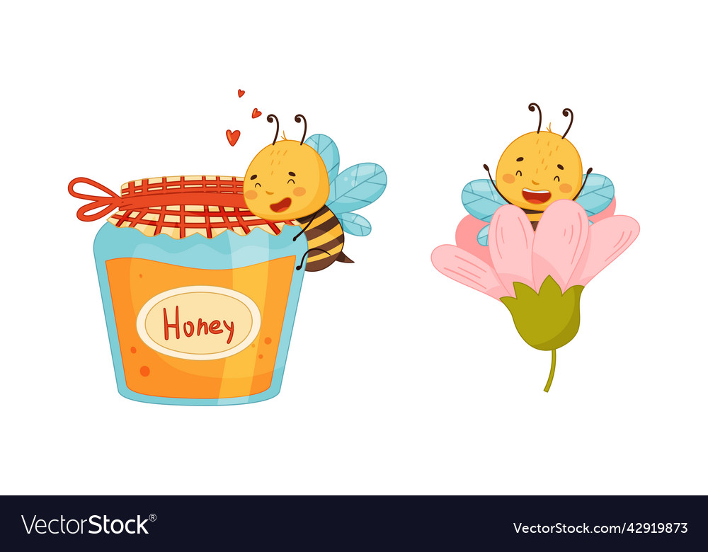 Süße glücklich lustige Bienen setzen Honigbien sitzen vector image Süße glücklich lustige Bienen setzen Honigbien sitzen