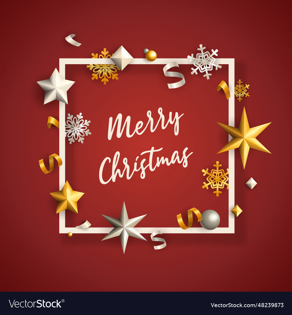 Merry christmas banner in frame with stars on red Vector Image