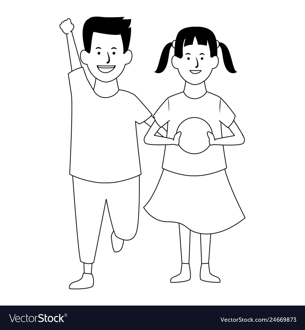 Two Kids Smiling Cartoons In Black And White Vector Image