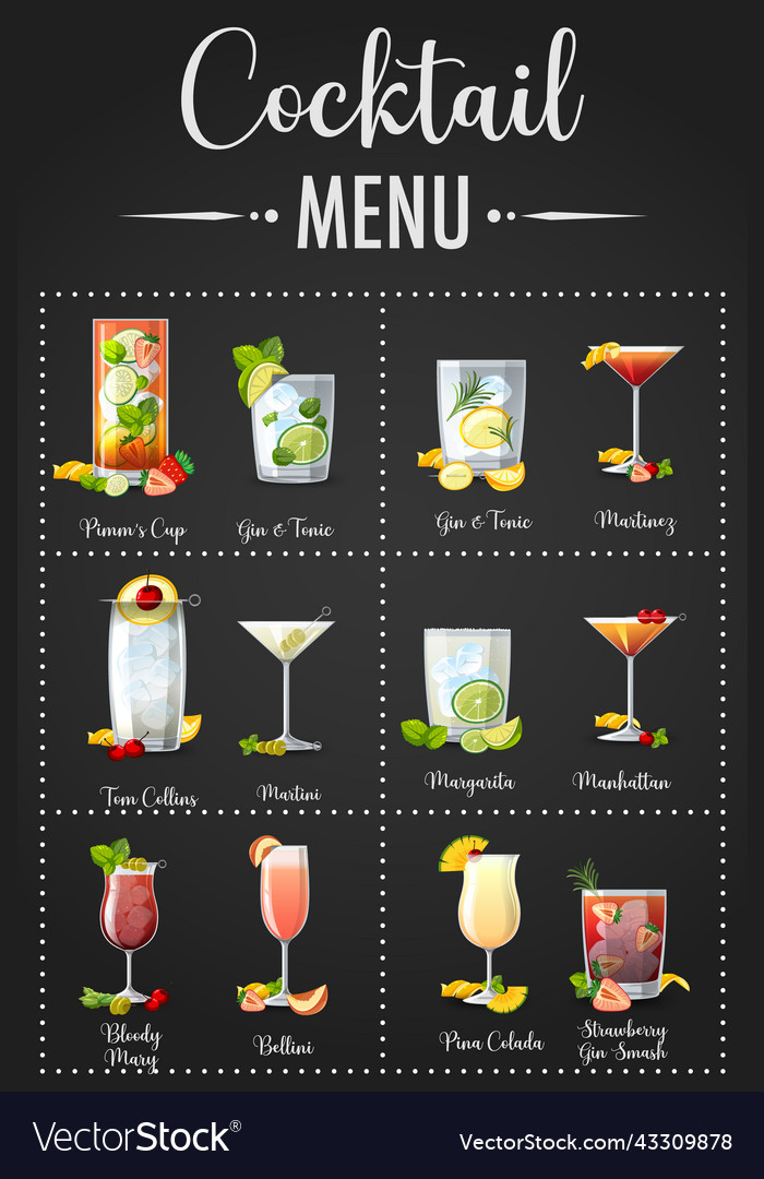 A printed menu of cocktails