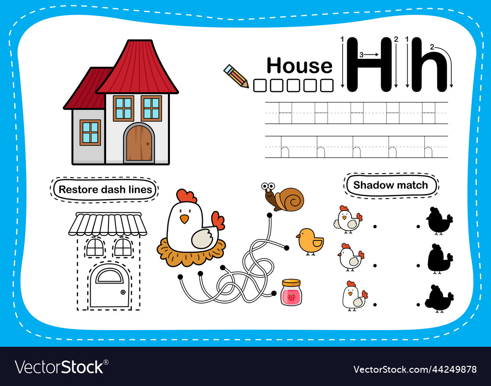 Alphabet letter h - house exercise with cartoon