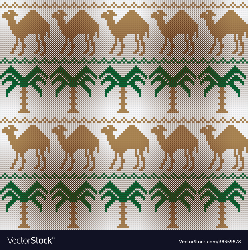 Knitted seamless pattern with camels and palm