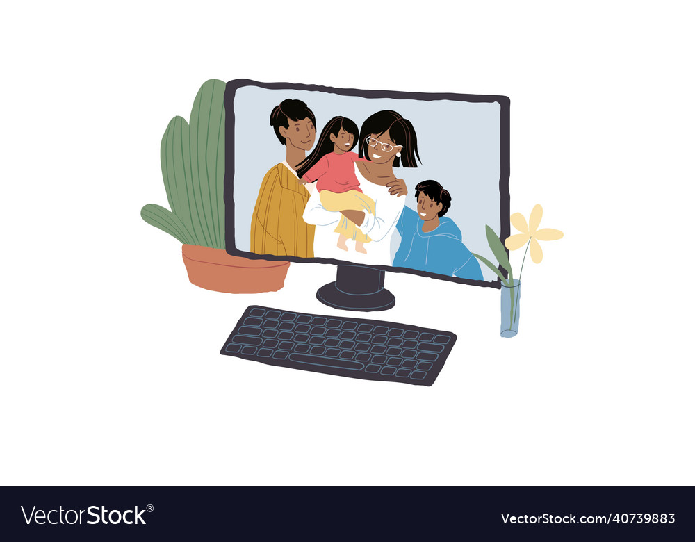 Cartoon flat black family characters on computer