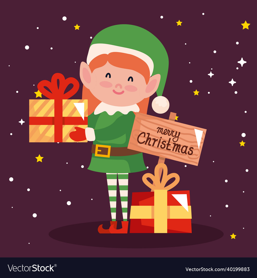 Cute elf female with gift box Royalty Free Vector Image