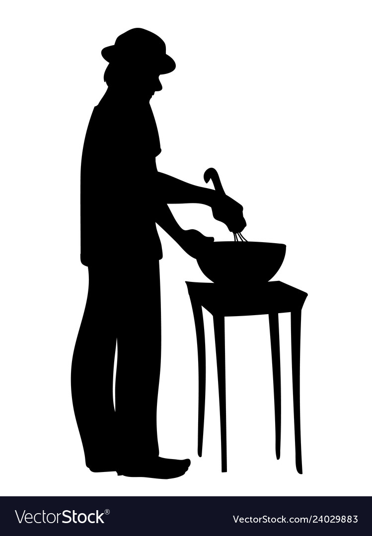 Man in hat prepares food guy standing stirring