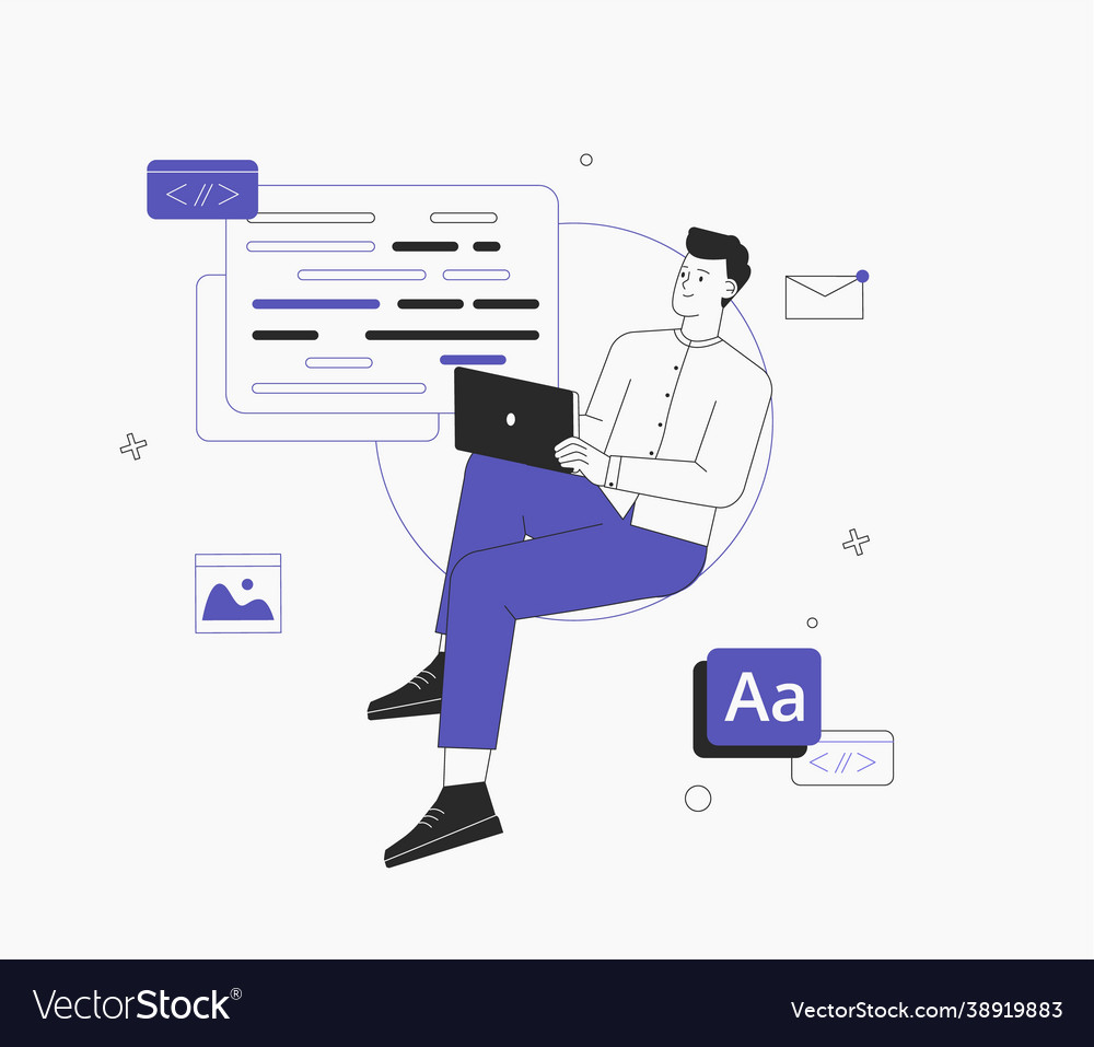 Man is working on ui ux design project programmer vector image Man is working on ui ux design project programmer