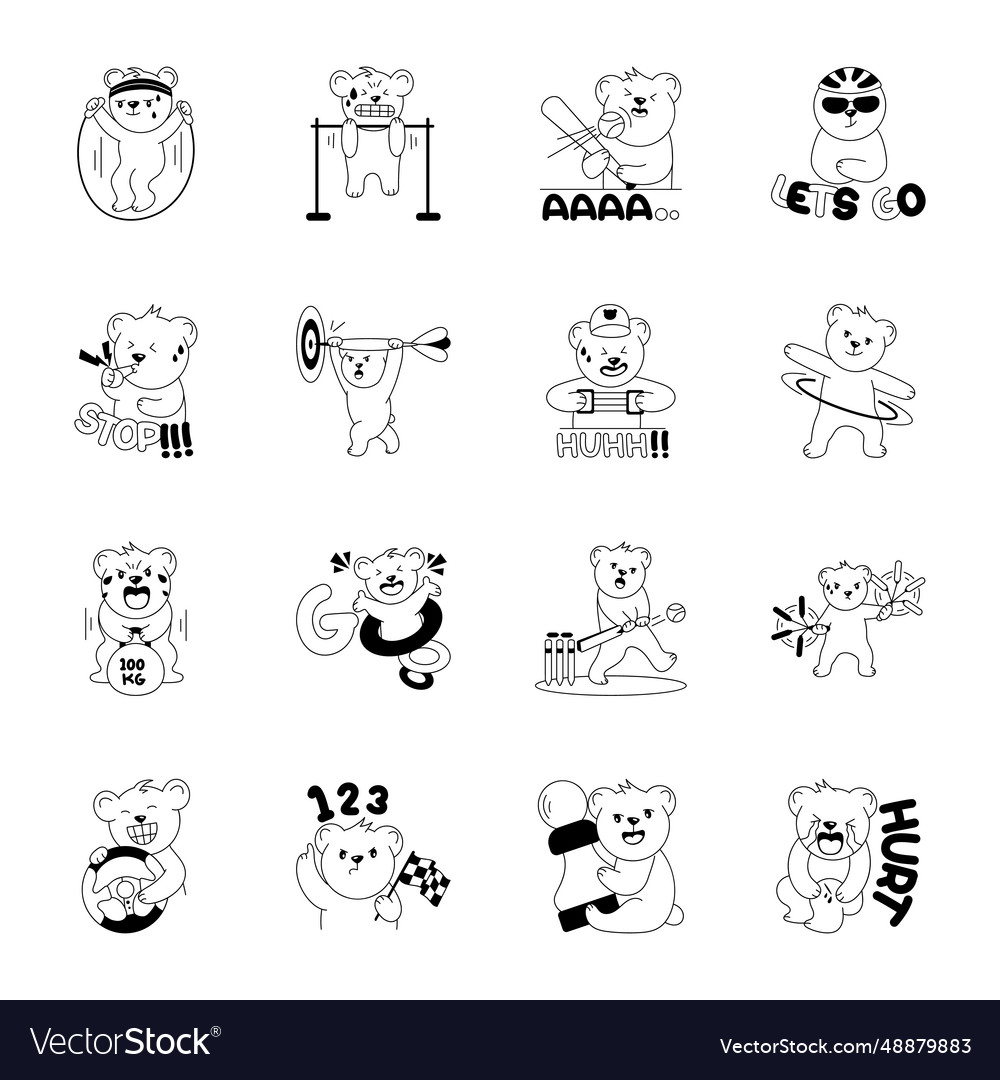 Pack of athletic bear cute glyph stickers