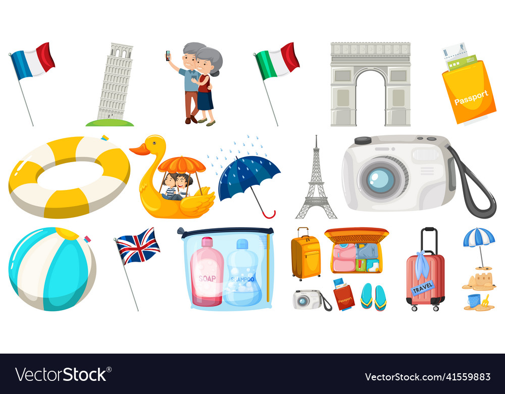 Set of summer vacation objects and elements vector image Set of summer vacation objects and elements