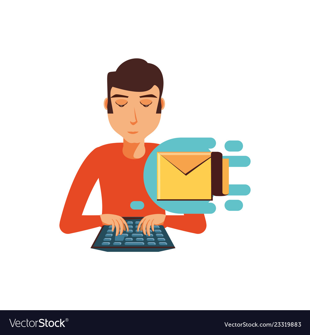 Young man with keyboard and envelope mail vector image Young man with keyboard and envelope mail