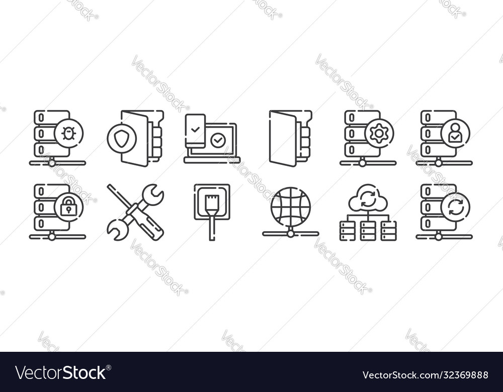 12 set linear database and servers icons thin vector image 12 set linear database and servers icons thin