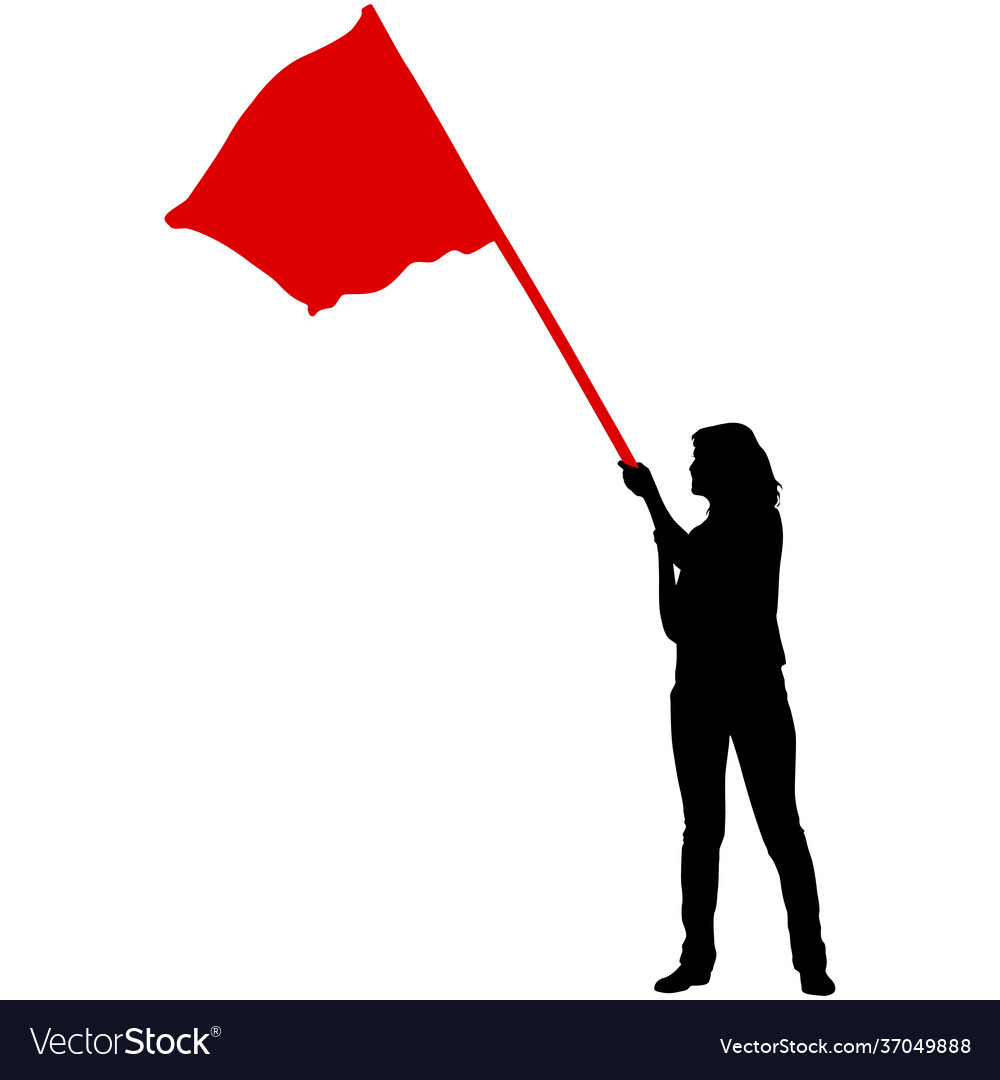 Black silhouettes woman with flag on white