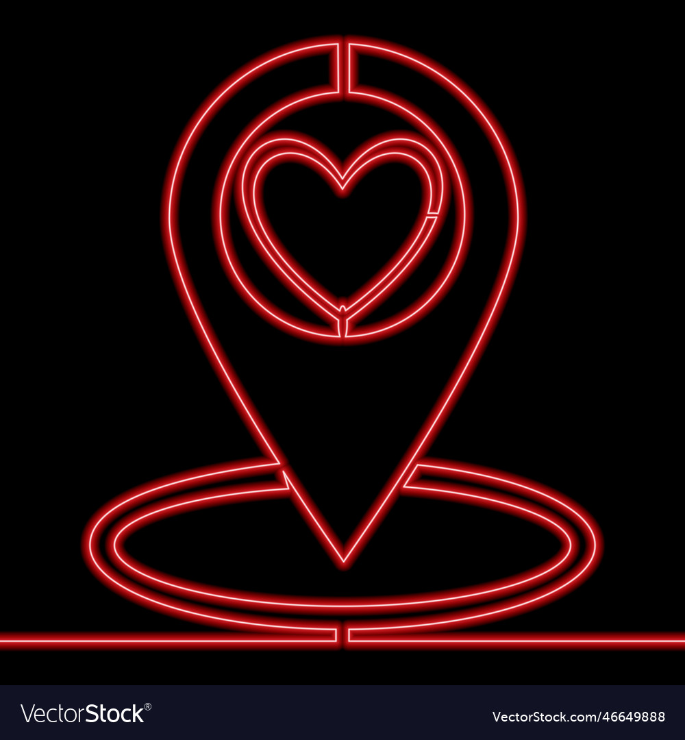 Continuous line drawn map pointer with heart neon