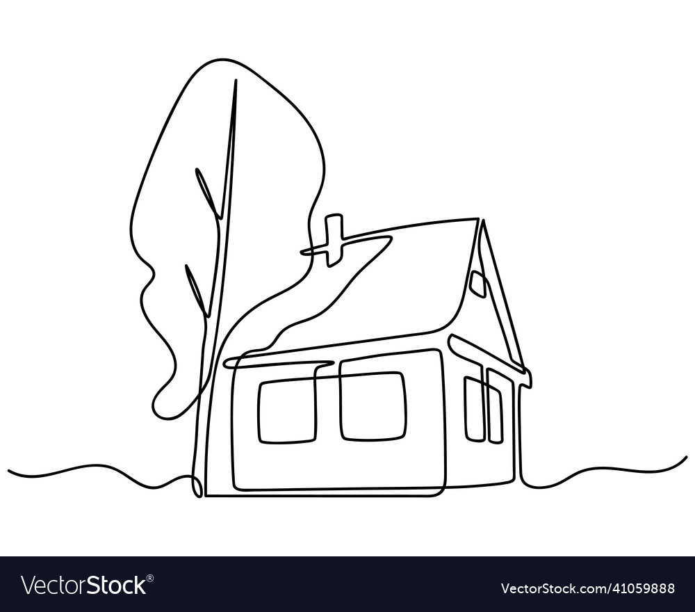Continuous one line drawing of house with tree Vector Image Continuous one line drawing of house with tree