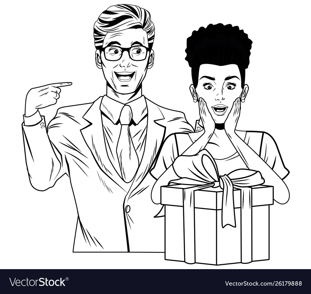 Couple avatar with gift box in black and white