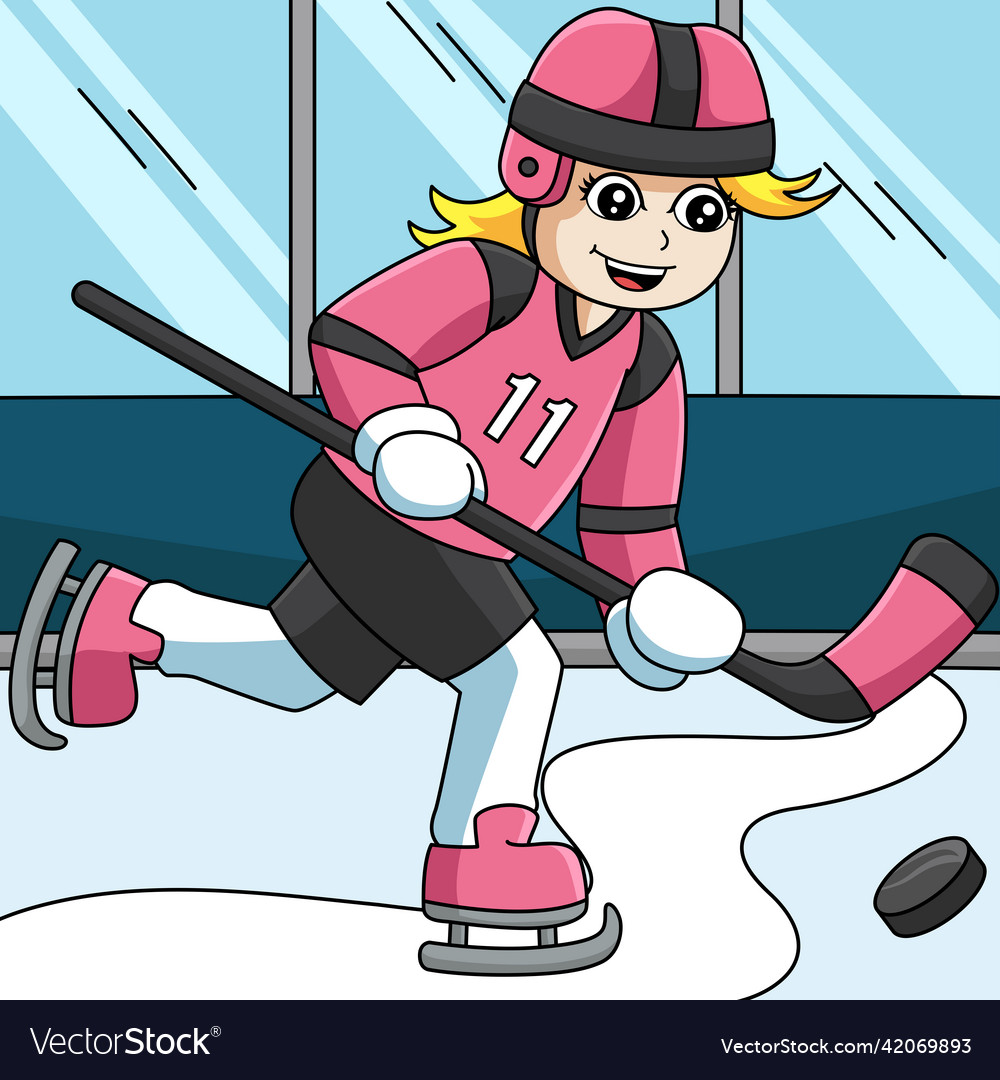 Girl playing hockey colored cartoon Royalty Free Vector